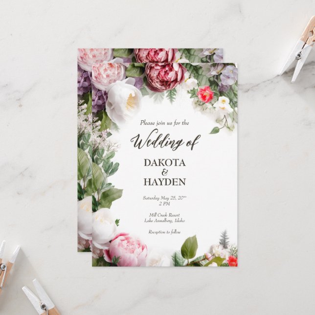 Traditional floral romantic, custom script wedding invitation (Front/Back In Situ)