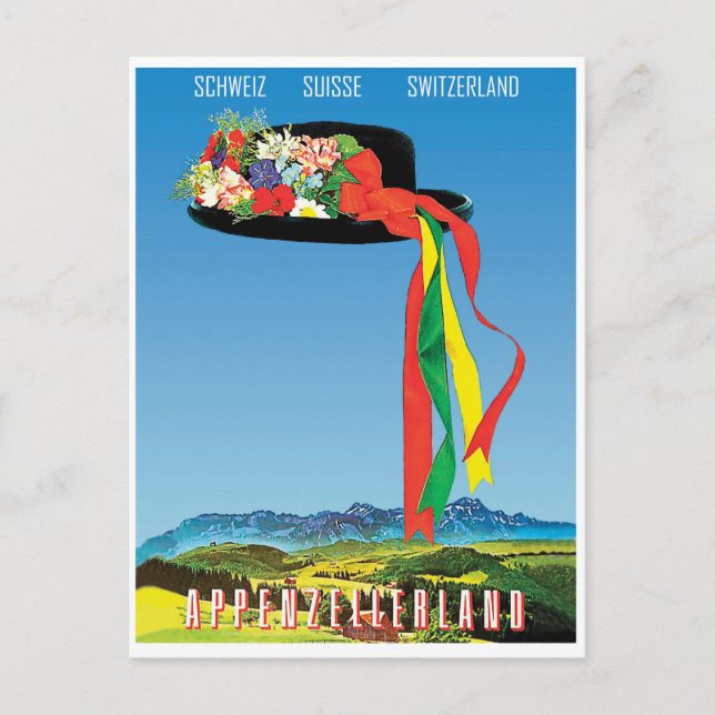 Traditional flower hat in Appenzellerland field Postcard (Front)