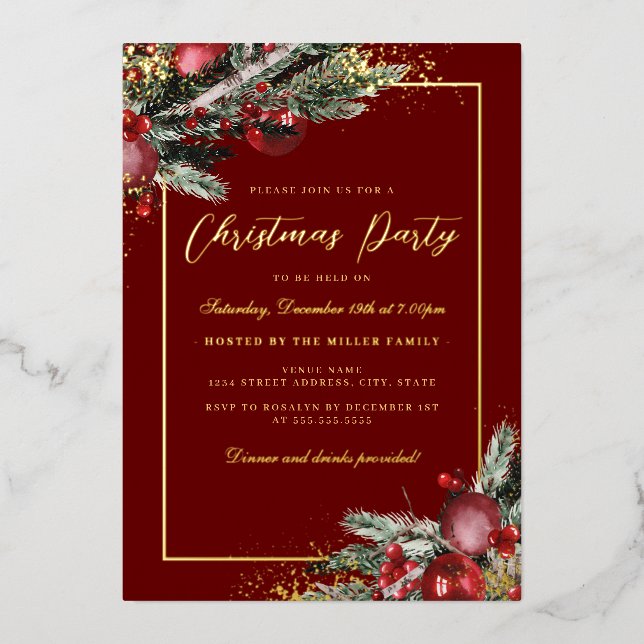Traditional Foliage Frame Christmas Party Foil Invitation (Front)