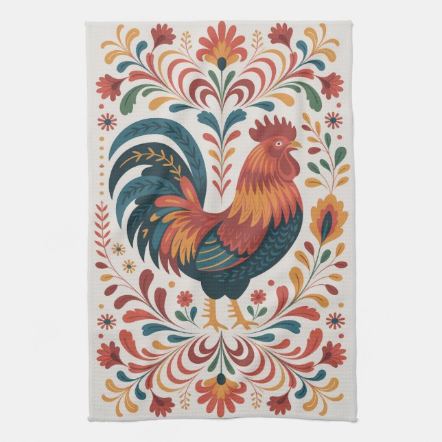 Traditional Folk Art Rooster Illustration Kitchen Towel (Vertical)