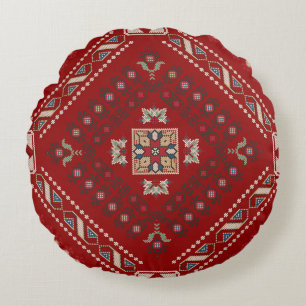 Traditional Folkloric Cross Stitch Pattern in Red Round Pillow