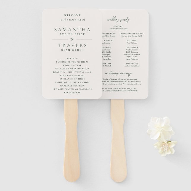 Traditional Forest Green Elegant Wedding Program Hand Fan (Front and Back)