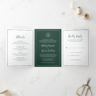 Traditional Forest Green Elegant Wedding Tri-Fold Invitation