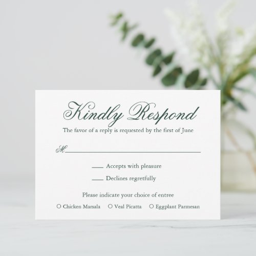 Traditional Forest Green Formal Elegant Wedding RSVP Card