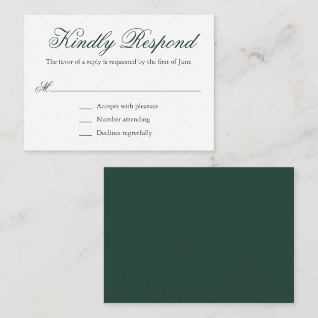 Traditional Forest Green Formal Mini Wedding RSVP Note Card (Front/Back)