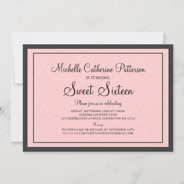 Traditional Formal Pink & Black Sweet Sixteen Part Invitation (Front)