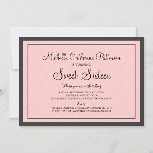 Traditional Formal Pink &amp; Black Sweet Sixteen Part Announcements