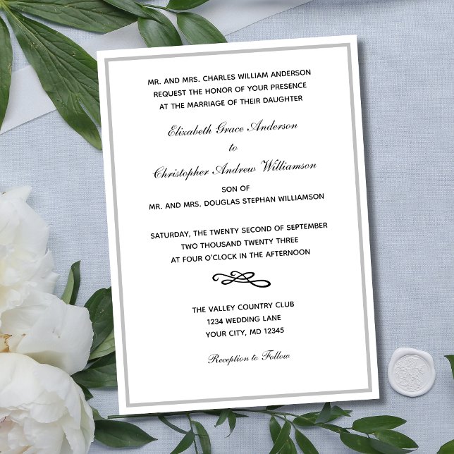 Traditional Formal Silver White Black Wedding Invitation (Silver Border Traditional Wording Bride and Grooms Parents Names Wedding invitation. Printed Digital)