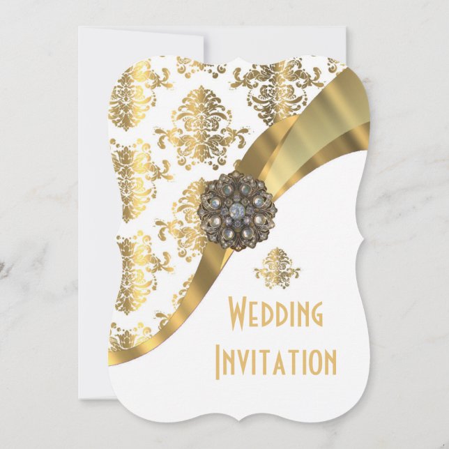 Traditional formal white and gold damask wedding invitation (Back)