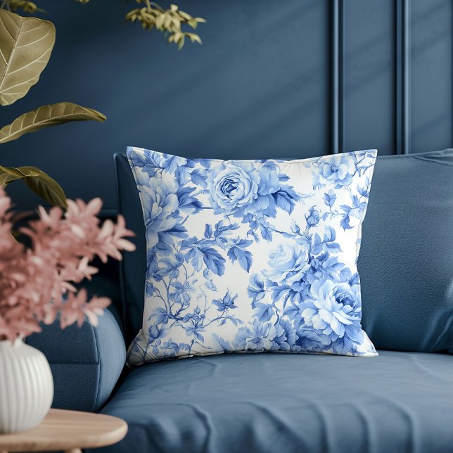 Traditional French Blue Roses Toile Decor Pillow (Traditional French Blue Roses Toile Decor Pillow)
