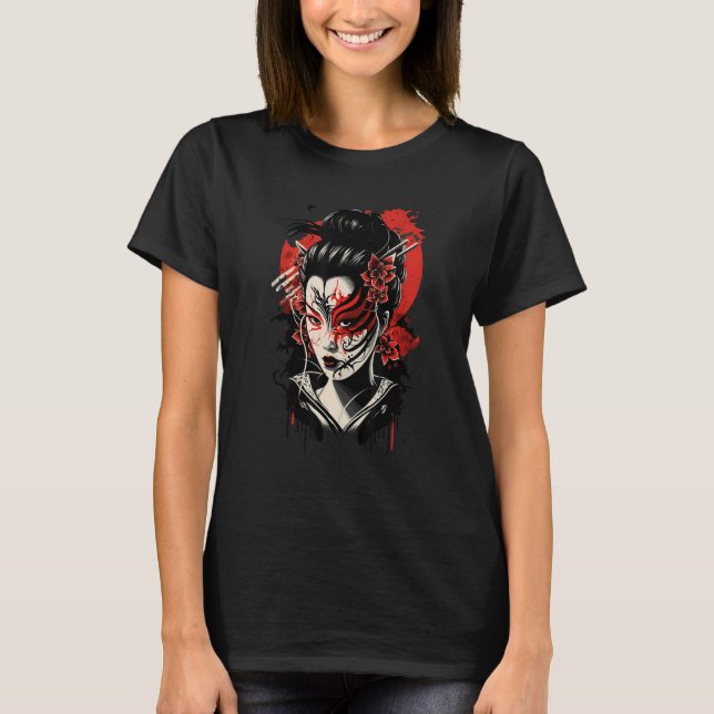 Traditional Geisha Samurai Mask Japanese Sword War T-Shirt (Front)