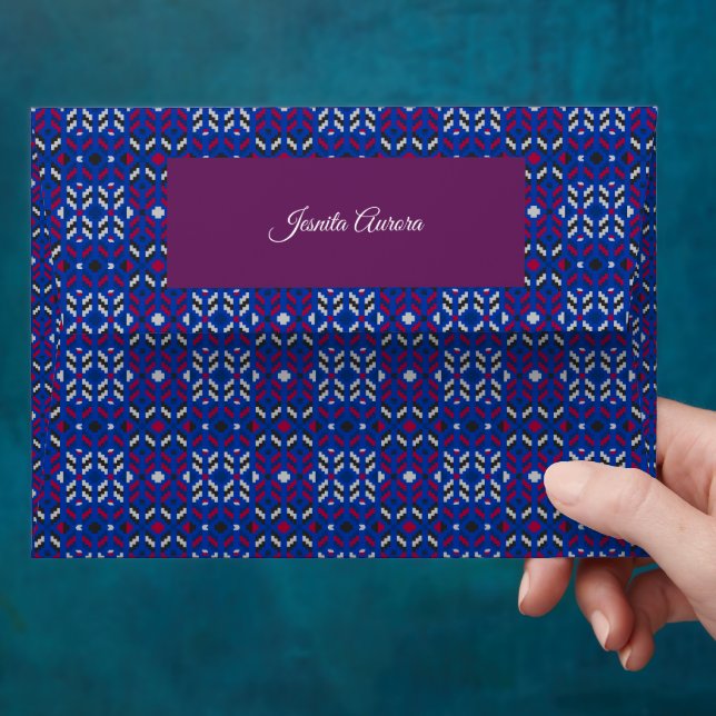 Traditional Geometric Pixel Pattern in Deep Blue  Envelope (Hand)