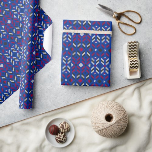 Traditional Geometric Pixel Pattern in Deep Blue  Wrapping Paper