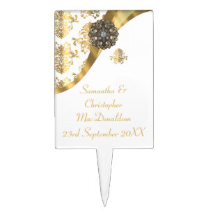 Traditional gold and white damask wedding cake topper