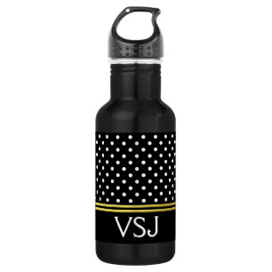 Traditional Gold Black White Polka Dots Monogram Stainless Steel Water Bottle