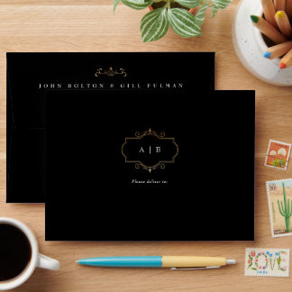 traditional gold crest monogram black whit wedding envelope