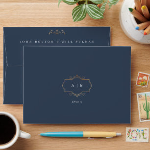 traditional gold crest monogram navy blue wedding envelope