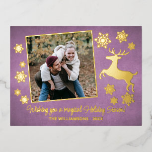 Traditional Gold Deer & Snowflakes Pattern Foil Holiday Postcard