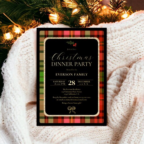 Traditional gold Festive Plaid Christmas Party Foil Invitation