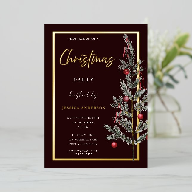 Traditional Gold Foil Christmas Tree Xmas Party Invitation (Standing Front)