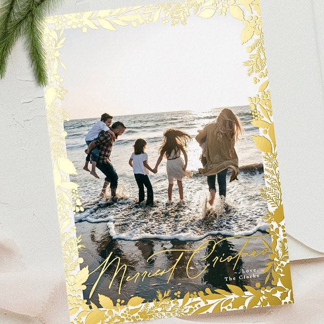 traditional gold frame Merry Christmas One Phot Foil Holiday Card (Creator Uploaded)