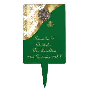 Traditional gold, green and white damask wedding cake topper