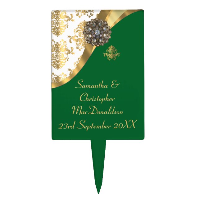 Traditional gold, green and white damask wedding cake topper (Front)