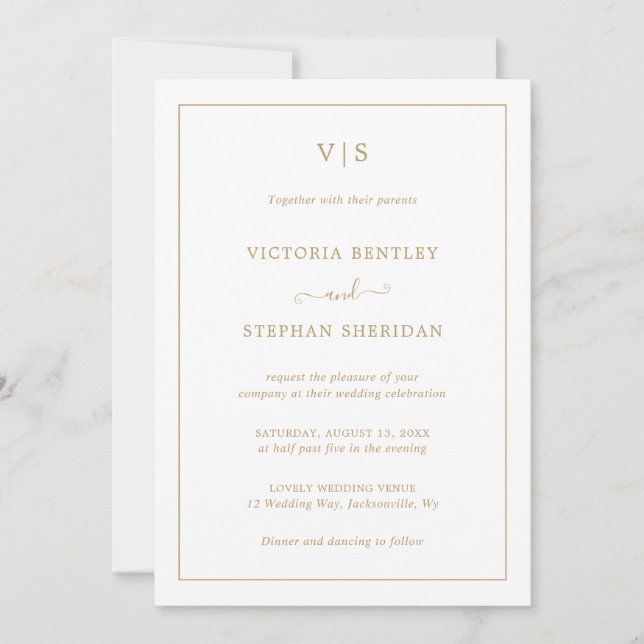 Traditional Gold Monogram Elegant Wedding Invitation (Front)