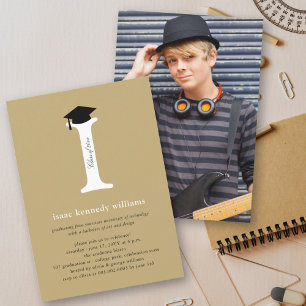 Traditional Gold Monogram 'I' Black Grad Cap Invitation