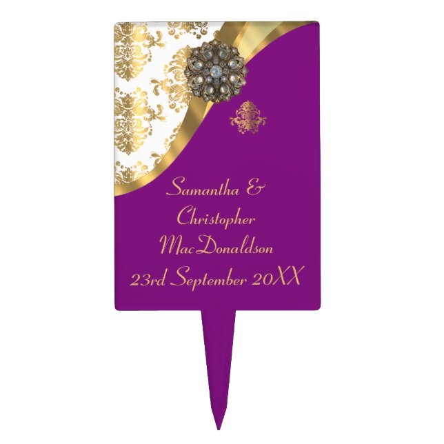 Traditional gold, purple and white damask wedding cake topper (Front)