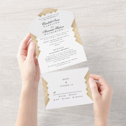 Traditional Gold Pyramid Geometric Gatsby Wedding All In One Invitation