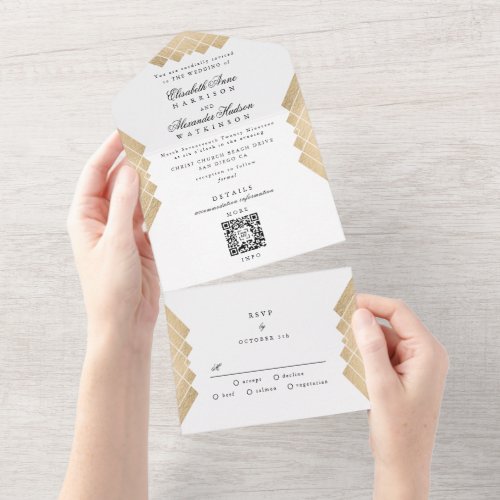 Traditional Gold Pyramid Geometric QR Code Wedding All In One Invitation