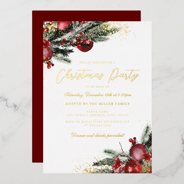 Traditional Gold Sparkle Foliage Christmas Party Foil Invitation (Front/Back)