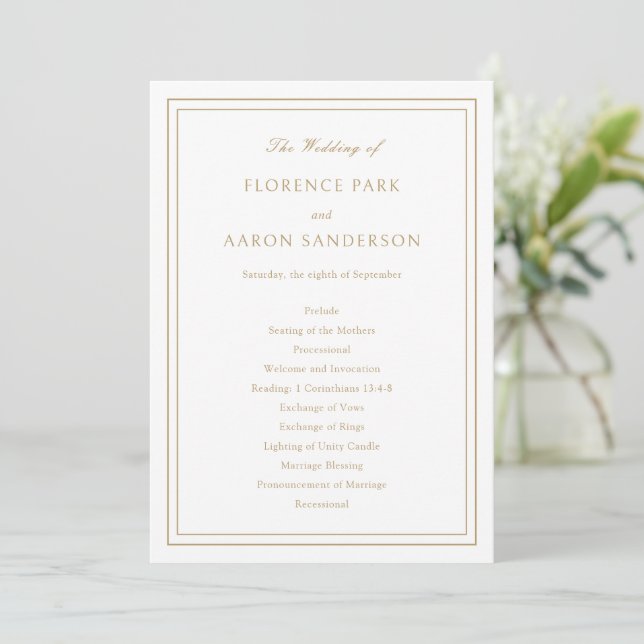 Traditional Gold Timeless Wedding Program (Standing Front)