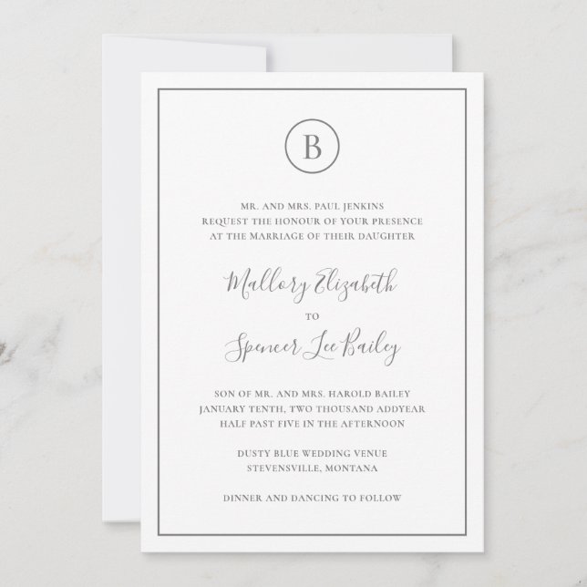 Traditional Gray Elegant All In One Wedding Invitation (Front)