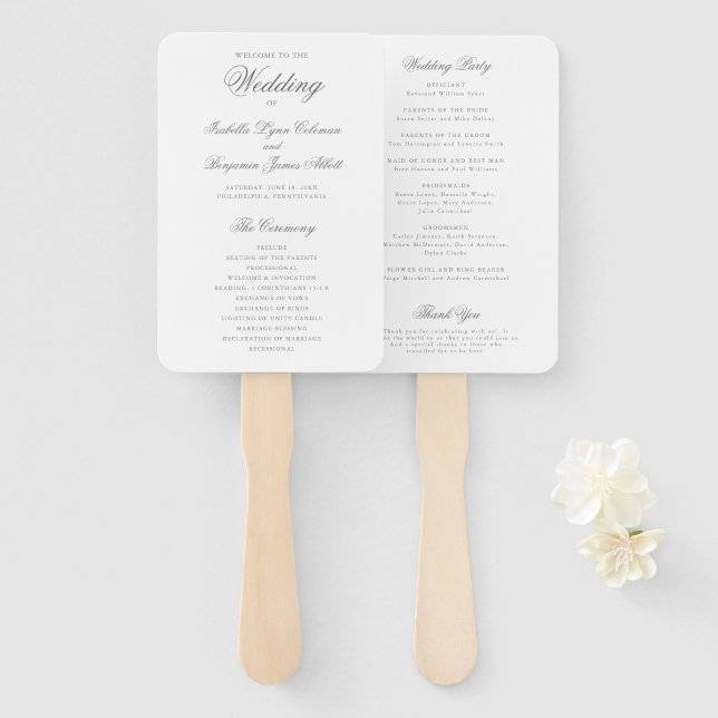 Traditional Gray Formal Elegant Wedding Program Hand Fan (Front and Back)