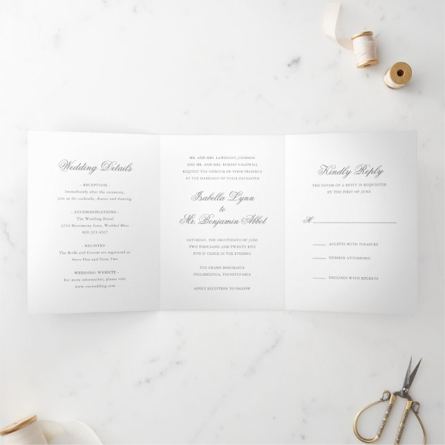 Traditional Gray Formal Elegant Wedding Tri-Fold Invitation (Inside)