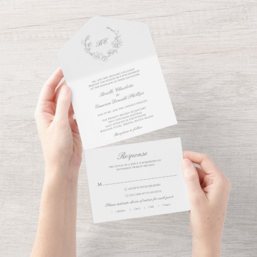 Traditional Gray Monogram Wreath Elegant Wedding All In One Invitation