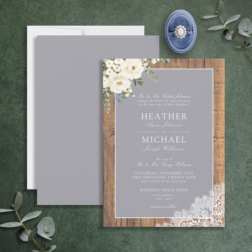 Traditional Gray Rustic Wood Lace Script Wedding Invitation