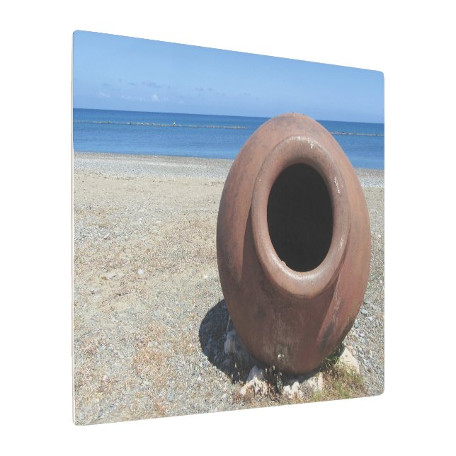 Traditional Greek Terracotta Pot on the Beach Metal Print (Angled)