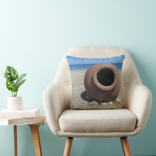 Traditional Greek Terracotta Pot on the Beach Throw Pillow