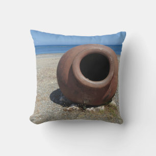 Traditional Greek Terracotta Pot on the Beach Throw Pillow