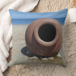 Traditional Greek Terracotta Pot on the Beach Throw Pillow