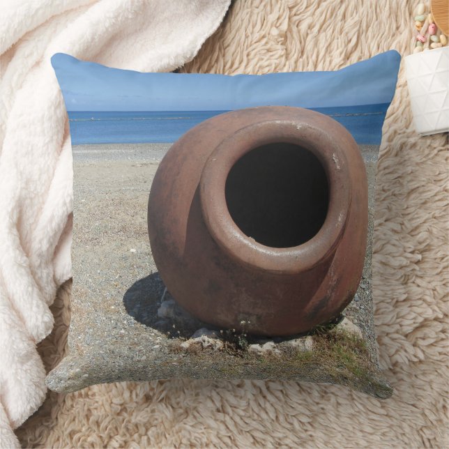 Traditional Greek Terracotta Pot on the Beach Throw Pillow (Blanket)
