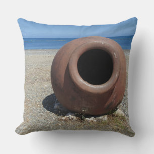 Traditional Greek Terracotta Pot on the Beach Throw Pillow