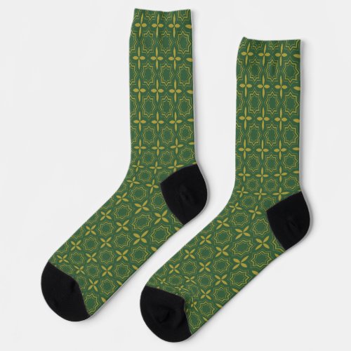 Traditional Green and Gold Pattern Mens Tie Socks