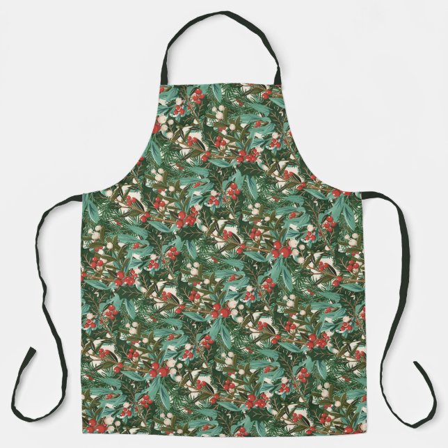 Traditional Green Botanical Holiday Christmas Apron (Front)