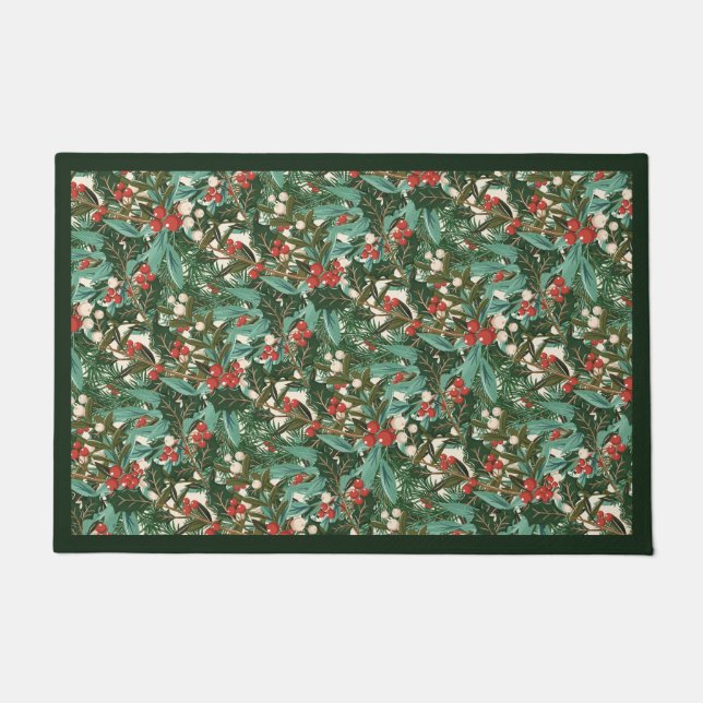 Traditional Green Botanical Holiday Christmas Doormat (Front)