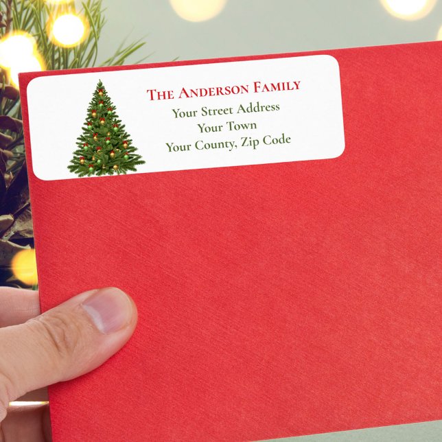 Traditional Green Christmas Fir Tree Red Bows Name Label (Creator Uploaded)