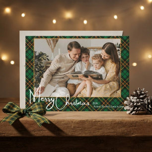 Traditional Green Christmas Plaid Family Photo Holiday Card